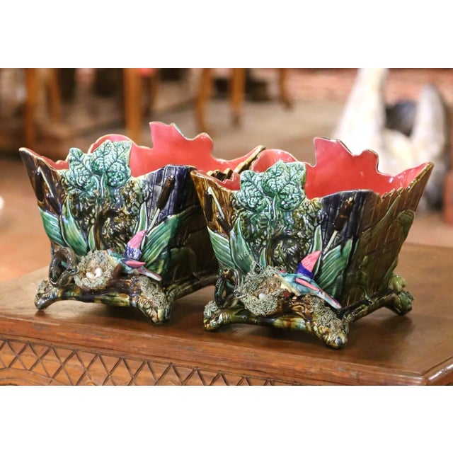 Pair of 19th Century French Barbotine Majolica Jardinières With Bird and Foliage For Sale In Dallas - Image 6 of 16