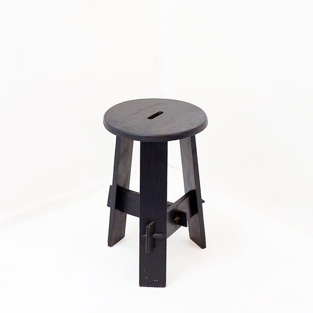 Vintage Black-Stained Wooden Tripod Stool with Tenon Joints For Sale - Image 13 of 13