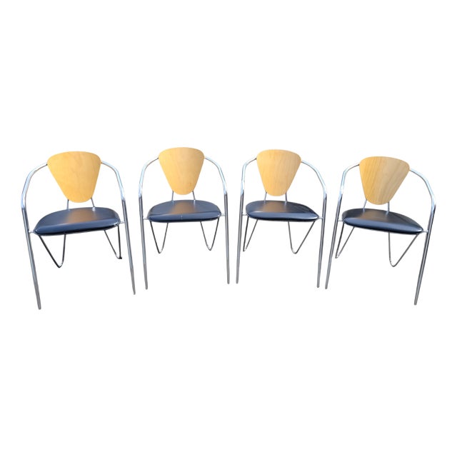Italian Postmodern Chrome, Bentwood and Black Leather Dining Chairs from Effezeta, 1980s, Set of 4 For Sale