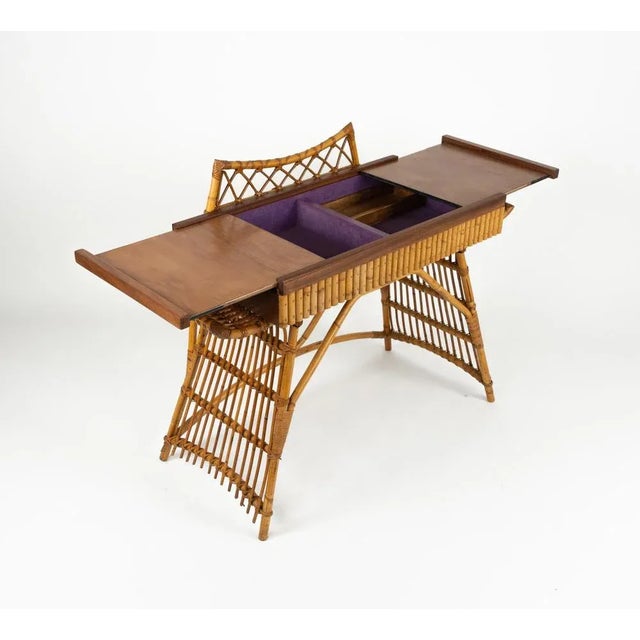 Mid-Century Desk or Console Table in Rattan, Bamboo and Wood by Audoux Minet, Italy 1960s For Sale - Image 9 of 18