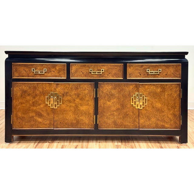 Stunning vintage Mandarin Chin Hua by Raymond Sobata for Century Furniture credenza with black lacquered trim frame, rich...