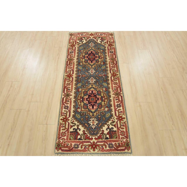 Tribal Heriz Runner 2’6” X 6’1” Blue Wool Tribal Hand-Knotted Oriental Rug For Sale - Image 3 of 9