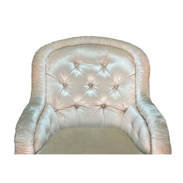 Chic pair of Baker Furniture Lounge Chairs upholstered in a champagne/cream velvet. Appears to be a silk velvet with...