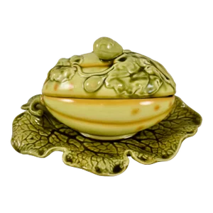 Sarreguemines French Barbotine Majolica Trompe l'Oeil Melon Covered Tureen