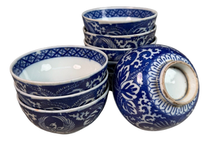 Vintage Blue and White Phoenix Wan Bowls, 1950s, Set of 9