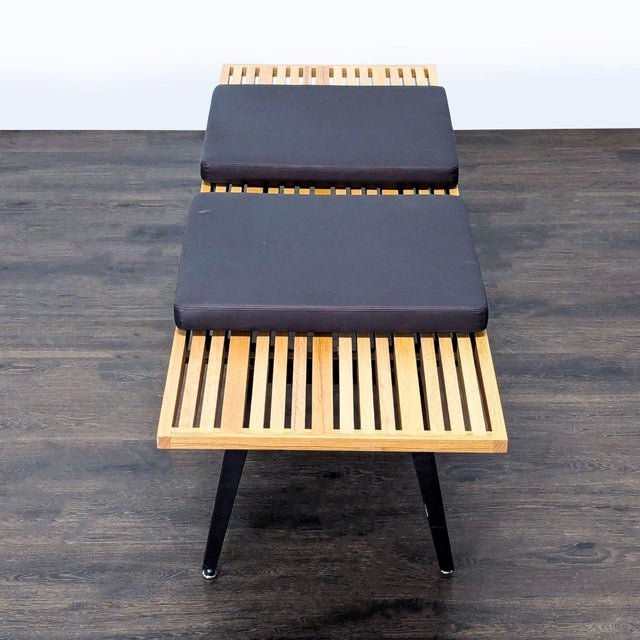 Mid-Century Slatted Wood Bench With Cushions For Sale - Image 4 of 5