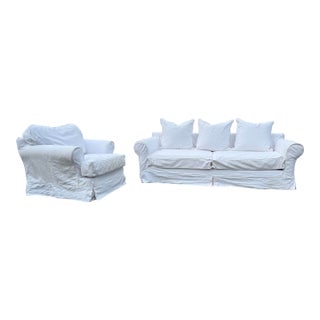 Vintage White Cotton Denim Slipcover Sofa and Lounge Chair by Cisco Brothers For Sale