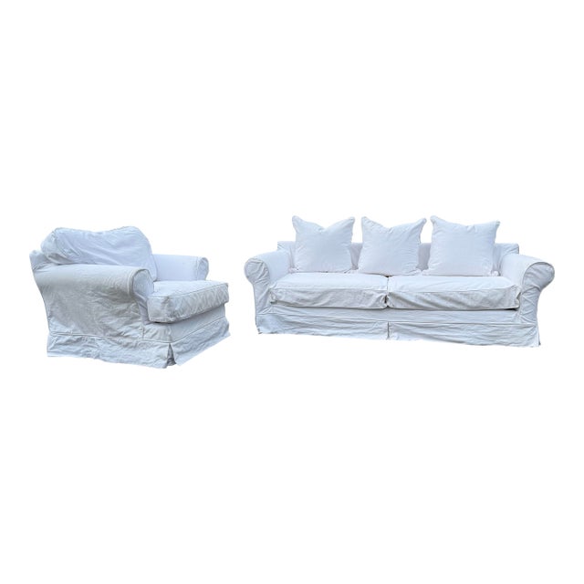 Vintage White Cotton Denim Slipcover Sofa and Lounge Chair by Cisco Brothers For Sale