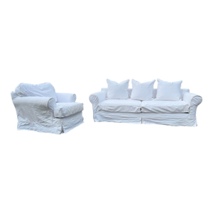 Vintage White Cotton Denim Slipcover Sofa and Lounge Chair by Cisco Brothers