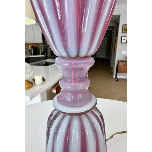 Large Raspberry Lavender Opaline Murano Glass Ribbed Table Lamp by Barovier For Sale - Image 9 of 16
