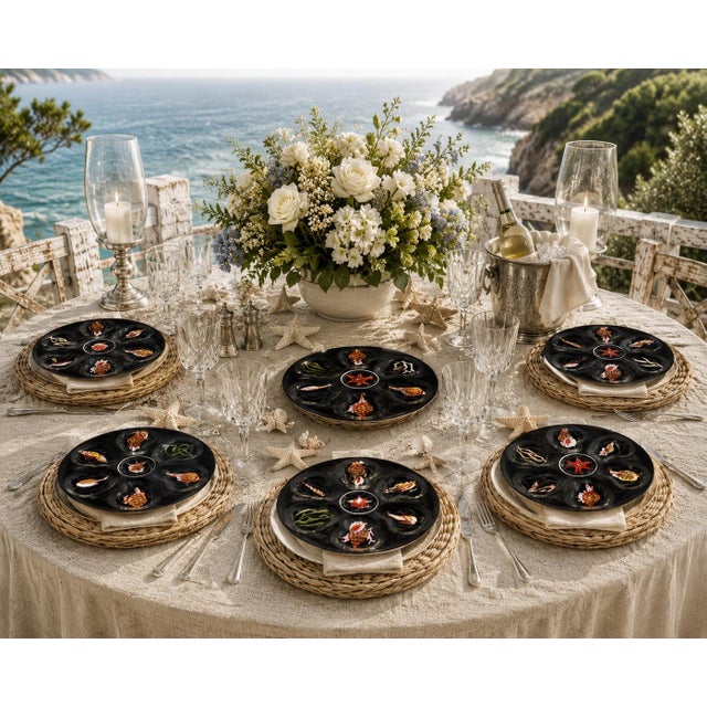 Guy Trevoux Mid 20th Century Quimper Guy Trévoux Black Oyster Plates - Set of 6 For Sale - Image 4 of 4