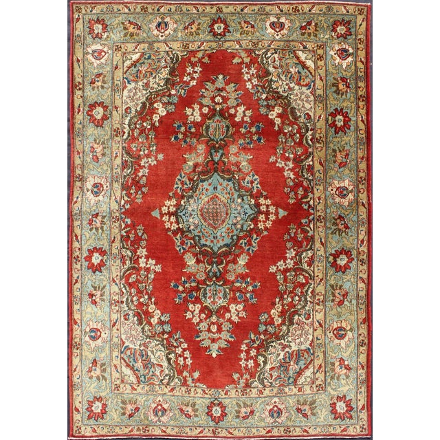 Red Fine Qum Rug With Red, Light Blue, Light Green, Navy and Brown For Sale - Image 8 of 8