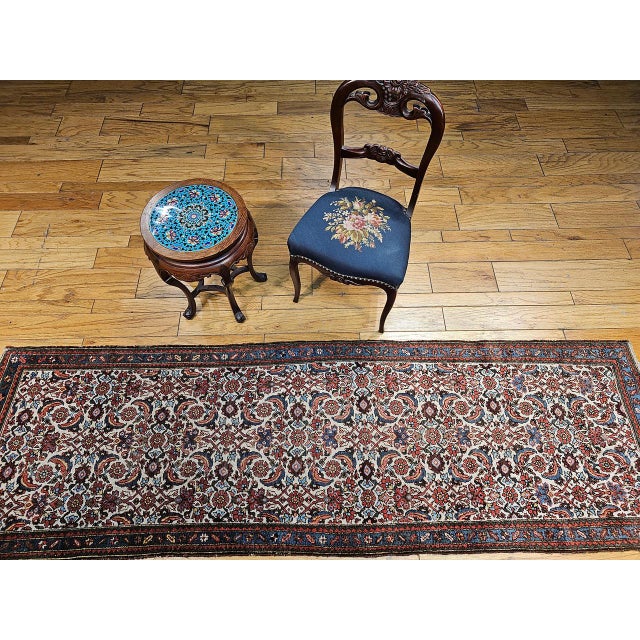 1900 - 1909 Vintage Persian Malayer Runner Rug, Hand-Knotted Wool, Geometric Pattern, 3x9, Ivory & Blue For Sale - Image 5 of 13