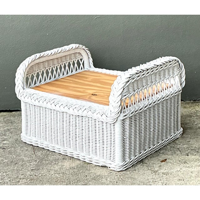 Mid-Century Modern Vintage Braided White Rattan Ottoman For Sale - Image 3 of 12