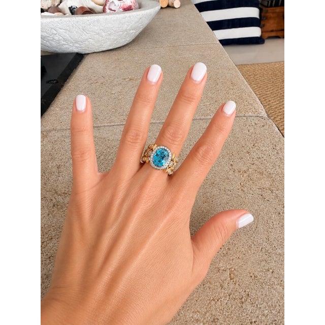 Stambolian 18k Gold Blue Zircon and Diamond Cocktail Ring, Size 8.75 For Sale - Image 16 of 17