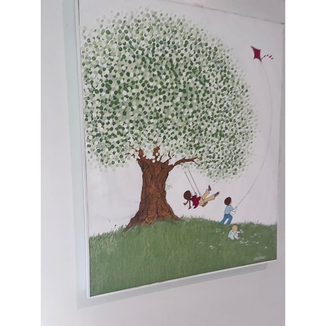 Whimsical Contemporary Folk Art Painting of Children Playing Beneath a Tree For Sale - Image 4 of 6