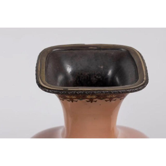 A Large Pair of Japanese Cloisonne Pink-Ground Vases Featuring Sunset and Cranes For Sale In New York - Image 6 of 15