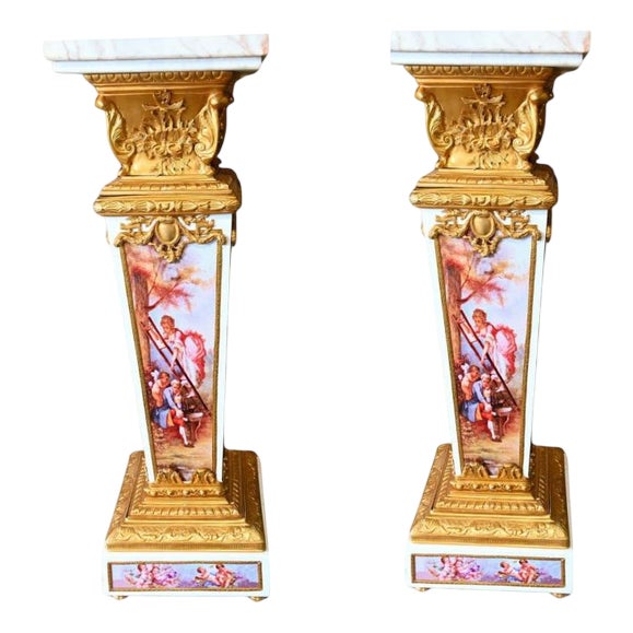 Sevres-Style Porcelain and Gilt Bronze Pedestals, Set of 2 For Sale