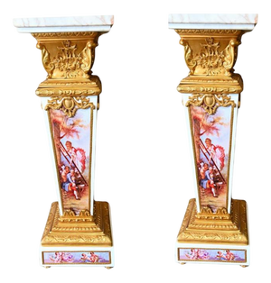 Sevres-Style Porcelain and Gilt Bronze Pedestals, Set of 2