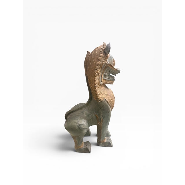 Vintage Thai Bronze Singha Guardian Lion Sculpture With Gilt Accents & Verdigris Patina, 16”h For Sale - Image 9 of 14