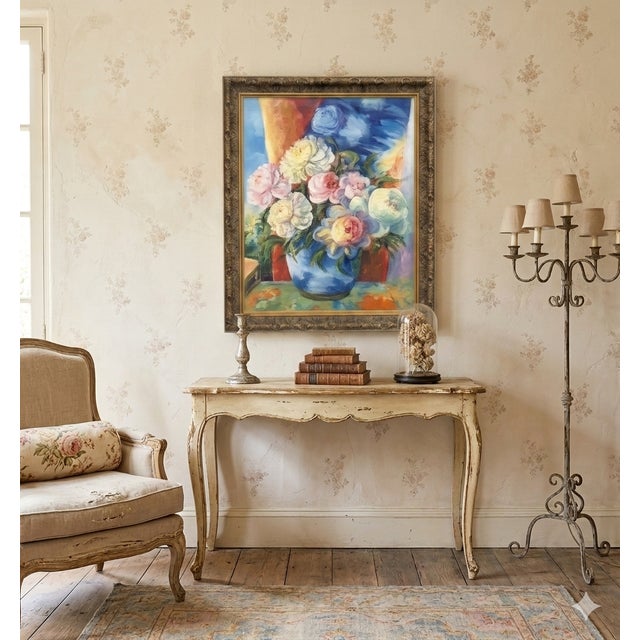 Shabby Chic Mid 20th Century Impressionist Style Floral Still Life Oil Painting in Ornate Frame For Sale - Image 3 of 4