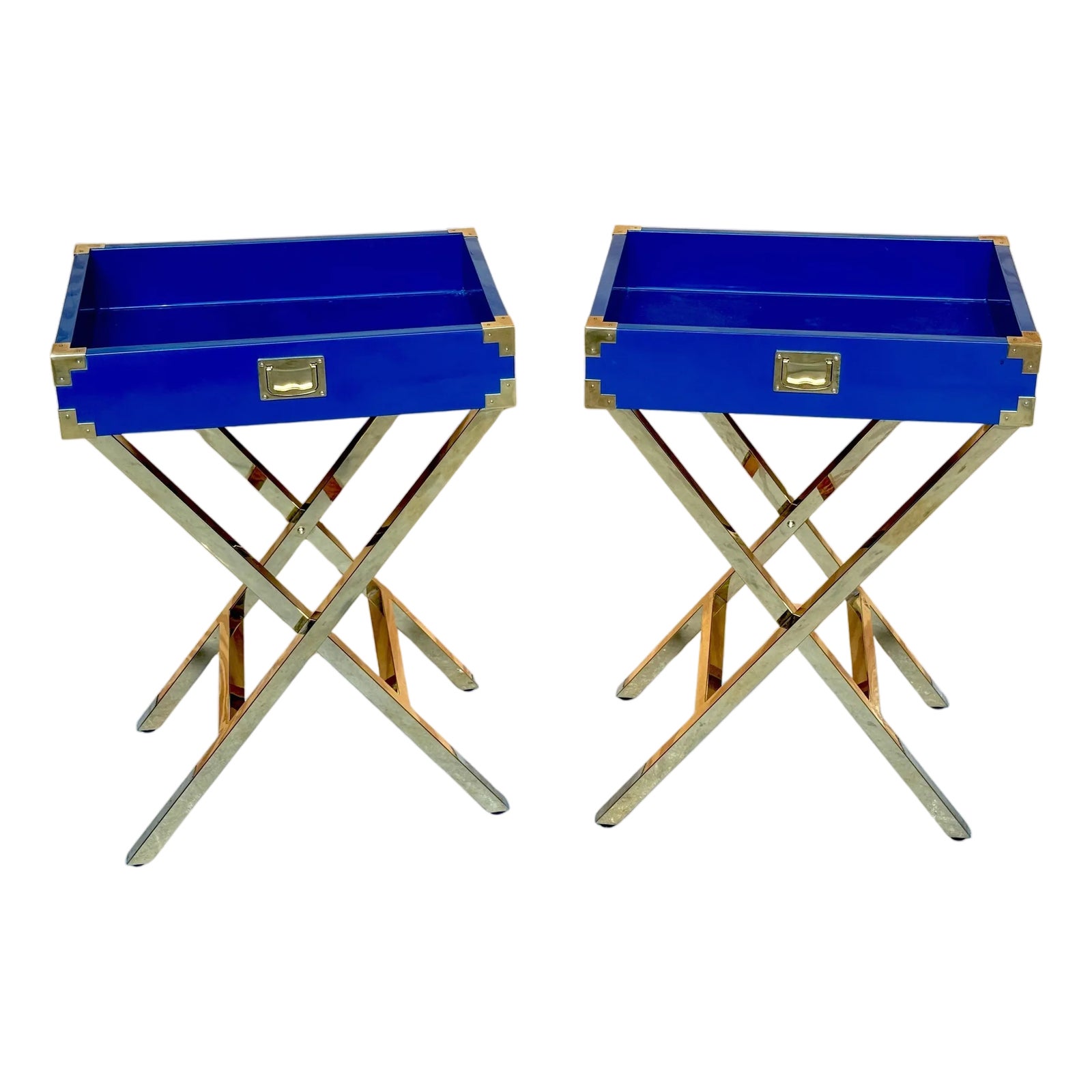 Pair Modern Blue Lacquered &Gilt Campaign-Style Tray Tables, Attrib ...