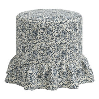 Stoffer Home x Cloth & Company Bernadette Ruffle Drum Ottoman in Willow Vine Navy For Sale
