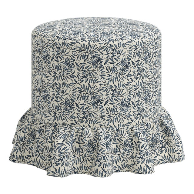 Stoffer Home x Cloth & Company Bernadette Ruffle Drum Ottoman in Willow Vine Navy For Sale