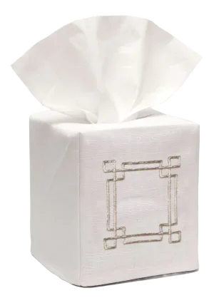 Beige Greek Key Tissue Box Cover in White Linen & Cotton, Embroidered