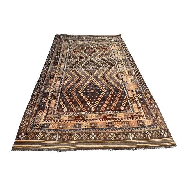 Antique Afghan Hand-Woven Kilim Rug | Tribal Ghelmori Flatweave Wool Carpet in Earthy Brown, For Sale
