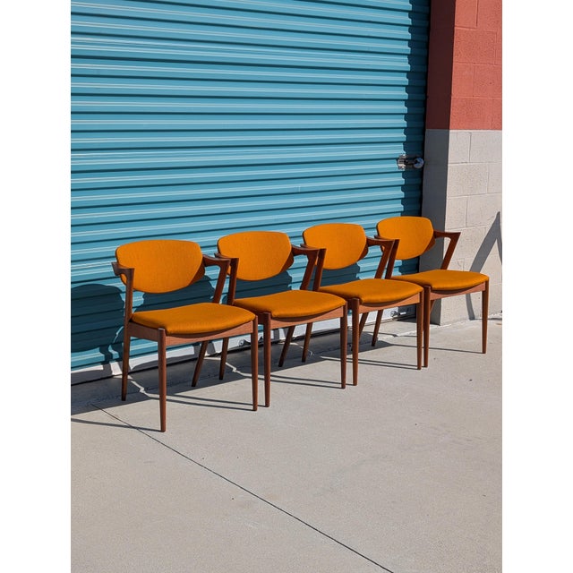 Just in—a stunning set of four authentic Model 42 dining chairs designed by Kai Kristiansen for Schou Andersen...
