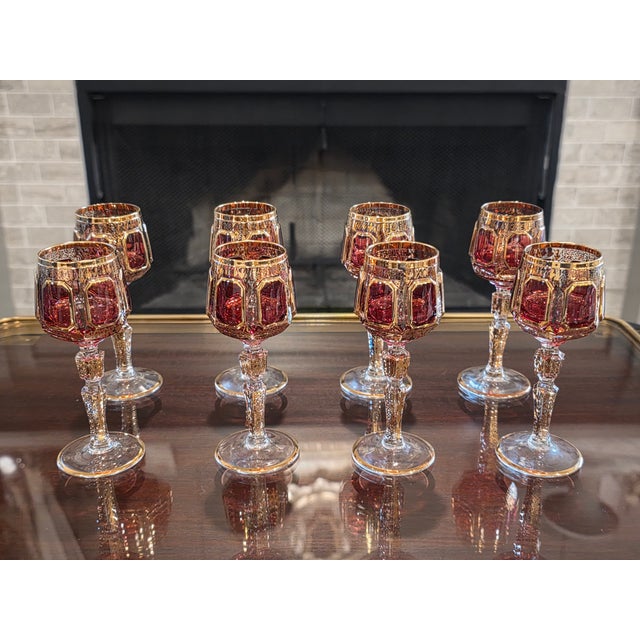Early 20th Century Moser Bohemian Cut to Clear Paneled Cranberry Red Gold Gilt Stemmed Cordial Glasses - Set of 8 For Sale - Image 12 of 18