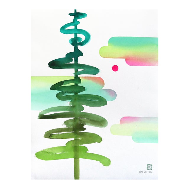 Rainbowland Tree - Original Dreamlike Green and Blue Tree Landscape Watercolor Painting For Sale