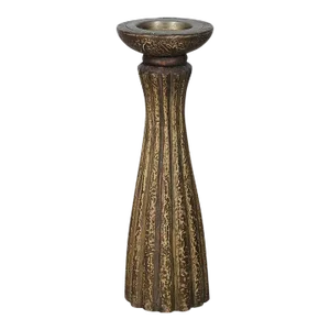 Early 20th Century Rustic Carved Wood Candle Stand With Brass Cladding