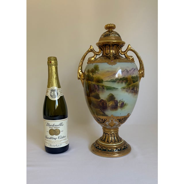 Japanese Antique Nippon Hand-Painted Scenic Covered Urn With Gilt & Jeweled Enamel, C. 1900 For Sale - Image 3 of 18