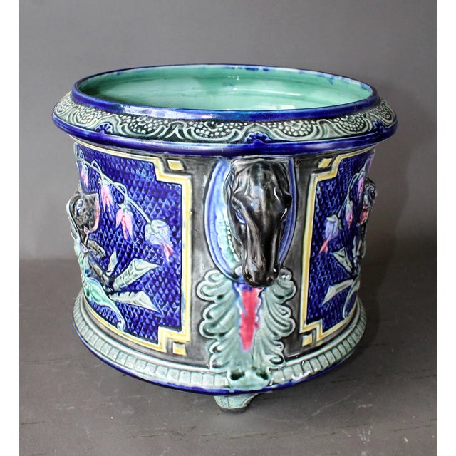 Late 19th Century French Majolica Barbotine Cache Pot With Horse Head Handles For Sale - Image 5 of 6