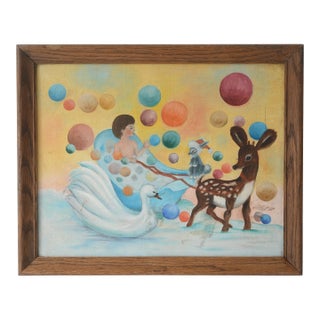 Vintage Mid Century Bubble Bath Boy Surrealist Art Painting For Sale