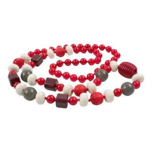 Bakelite and Lucite Long Necklace Gray, White, and Red Colors