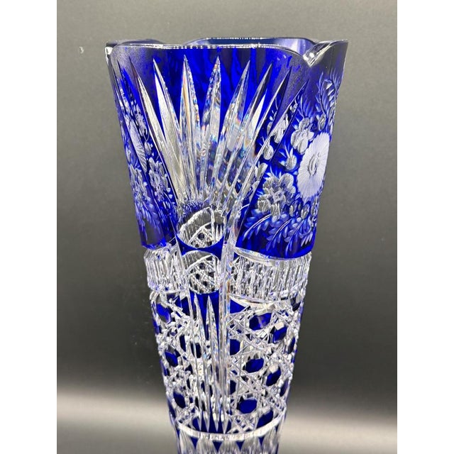 Vintage Crystal Cobalt Blue Overlay Cut Crystal Vase from Meissen, 1960s For Sale - Image 13 of 18