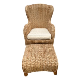Pottery Barn Seagrass Wing Chair and Ottoman For Sale