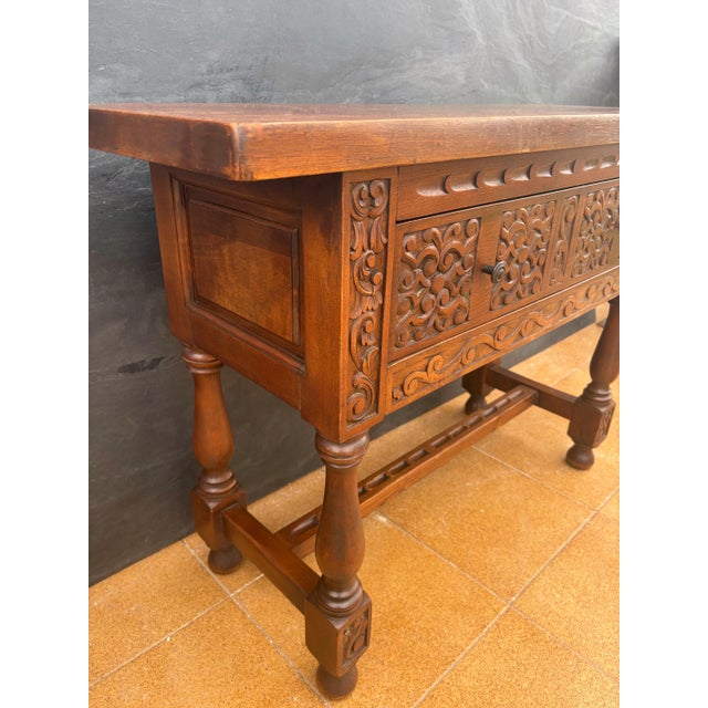 1940s Spanish Renaissance Low Console Table with Carved Front and Single Drawer For Sale - Image 11 of 13