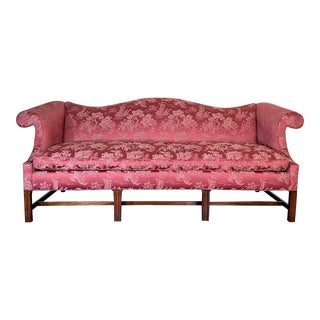 Late 20th Century Chippendale Camel Back Settee Upholstered in Pink Chinoiserie Damask For Sale