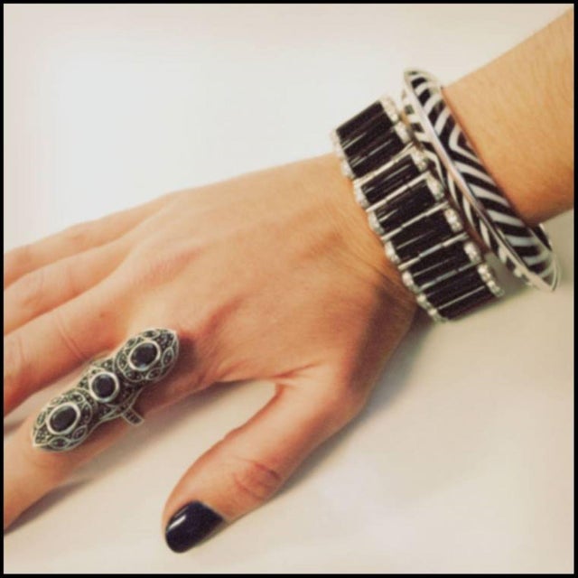 Early 21st Century Miriam Salat Caterpillar Silver and Resin Noir Deco Bracelet With White Topaz For Sale - Image 5 of 12