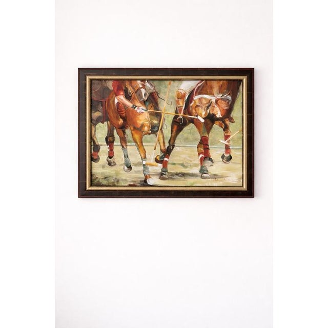 A striking and highly expressive oil on canvas by Sabine Nielsen, capturing the raw intensity and elegance of a polo match...