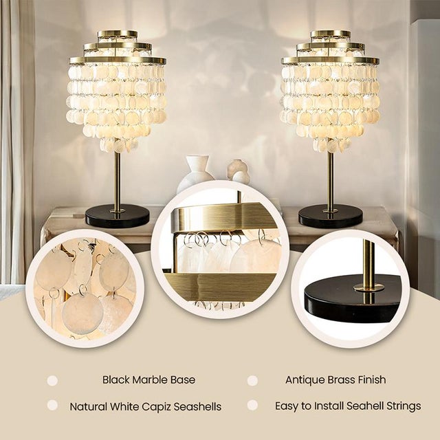 2020s Aloadecor 3-Light 28'' Modern Coastal Aged Brass Natural Capiz Shell Tiered Table Lamp With Black Marble Base Glam For Sale - Image 5 of 8