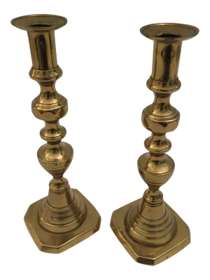 19th C. Pair of Victorian English Brass Beehive Candlesticks