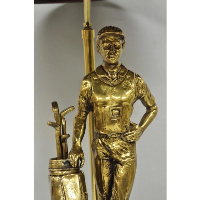Late 20th Century Vintage Maitland Smith Bronze Figure Golfer Sculpture Table Lamp W Leather Shade For Sale - Image 5 of 18