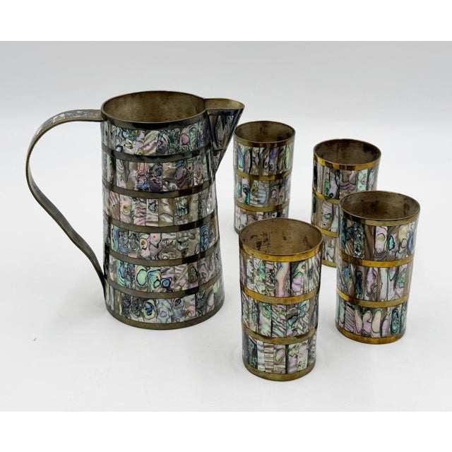 1950s Alfredo Villasana Taxco Brass & Abalone Pitcher and Tumblers - Set of 5 For Sale In Los Angeles - Image 6 of 18