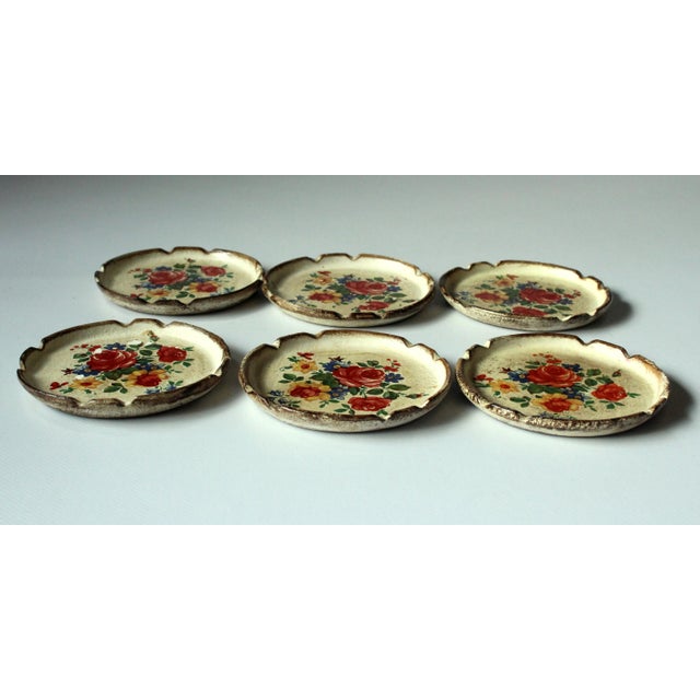1970s Vintage - 6 Wooden Florentine Style Coasters With Floral Motifs as a Set For Sale - Image 4 of 7