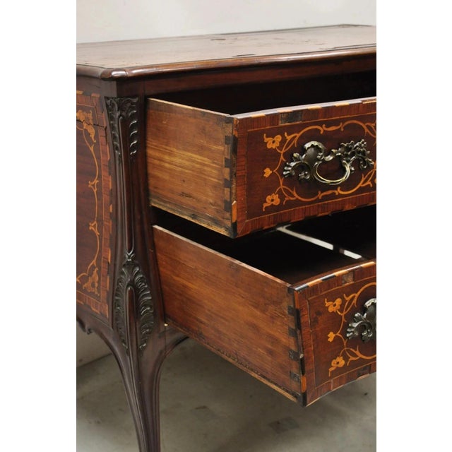 Brown Antique French Louis XV Style Marquetry Inlay Walnut Bombe Commode Chest Dresser For Sale - Image 8 of 12